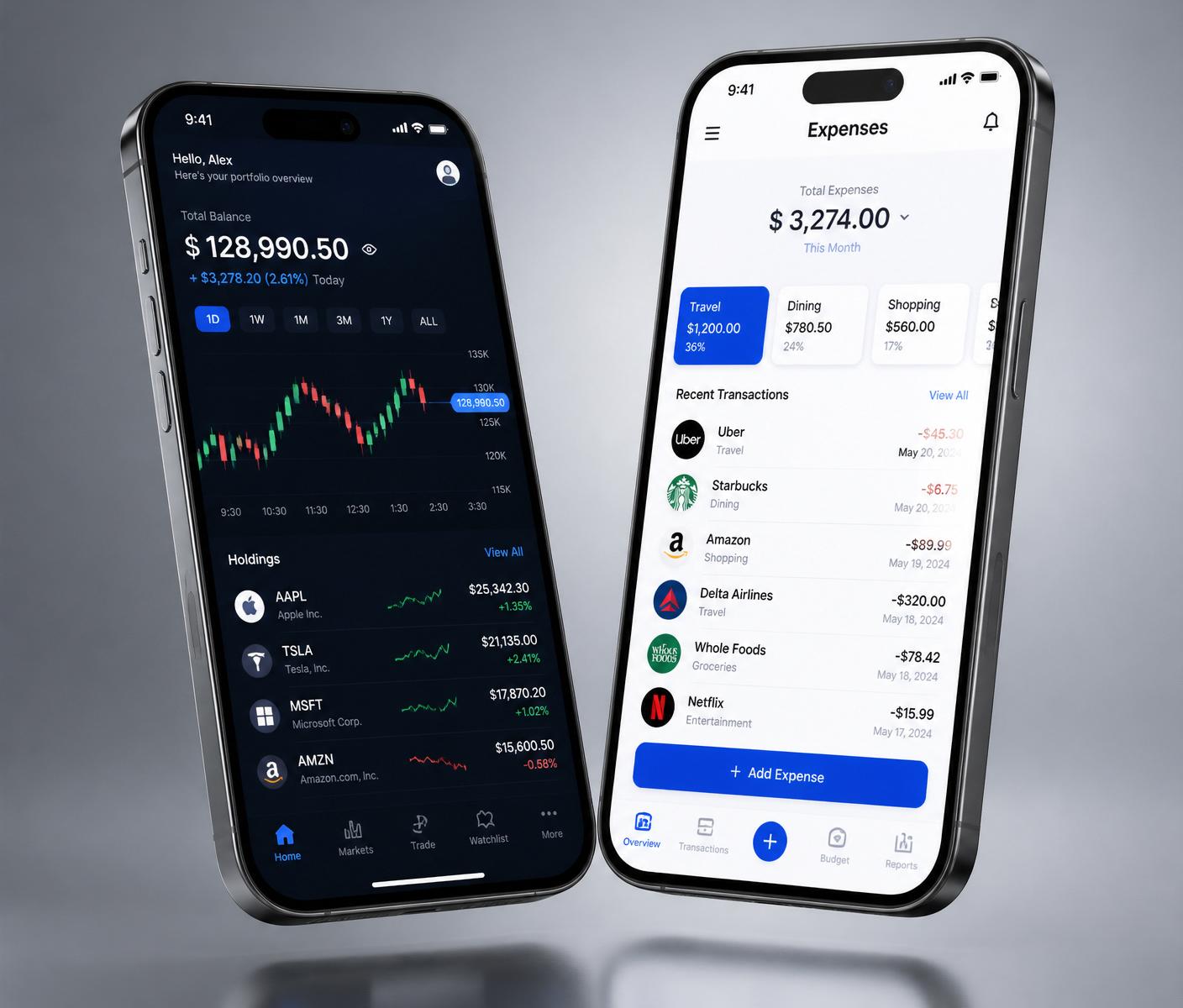 Two smartphones showing trading and expense tracking screens